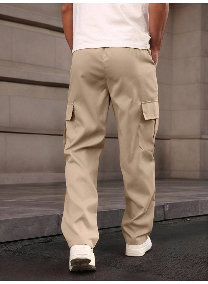 بنطلون كارغو رجالي كاكي متعدد الجيوب بساق مستقيمة ورباط كاجوال - Image 4